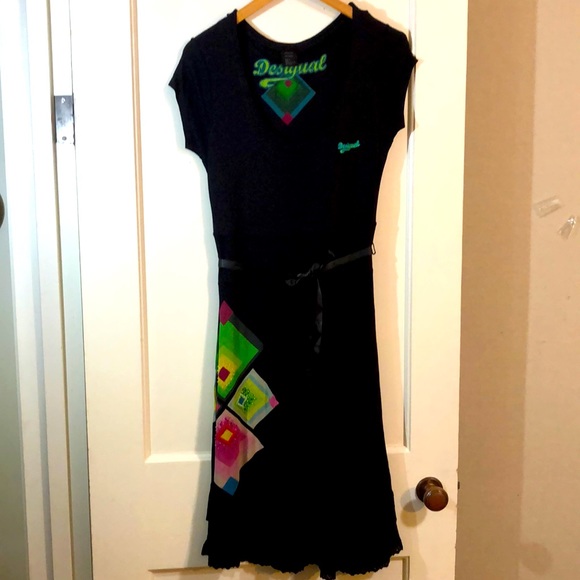 Desigual Long Black Dress with Geometric Print - Picture 1 of 8